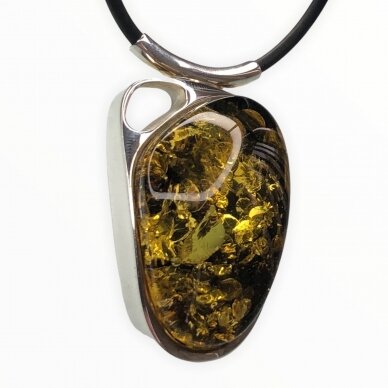 Green brown amber pendant with sterling silver
